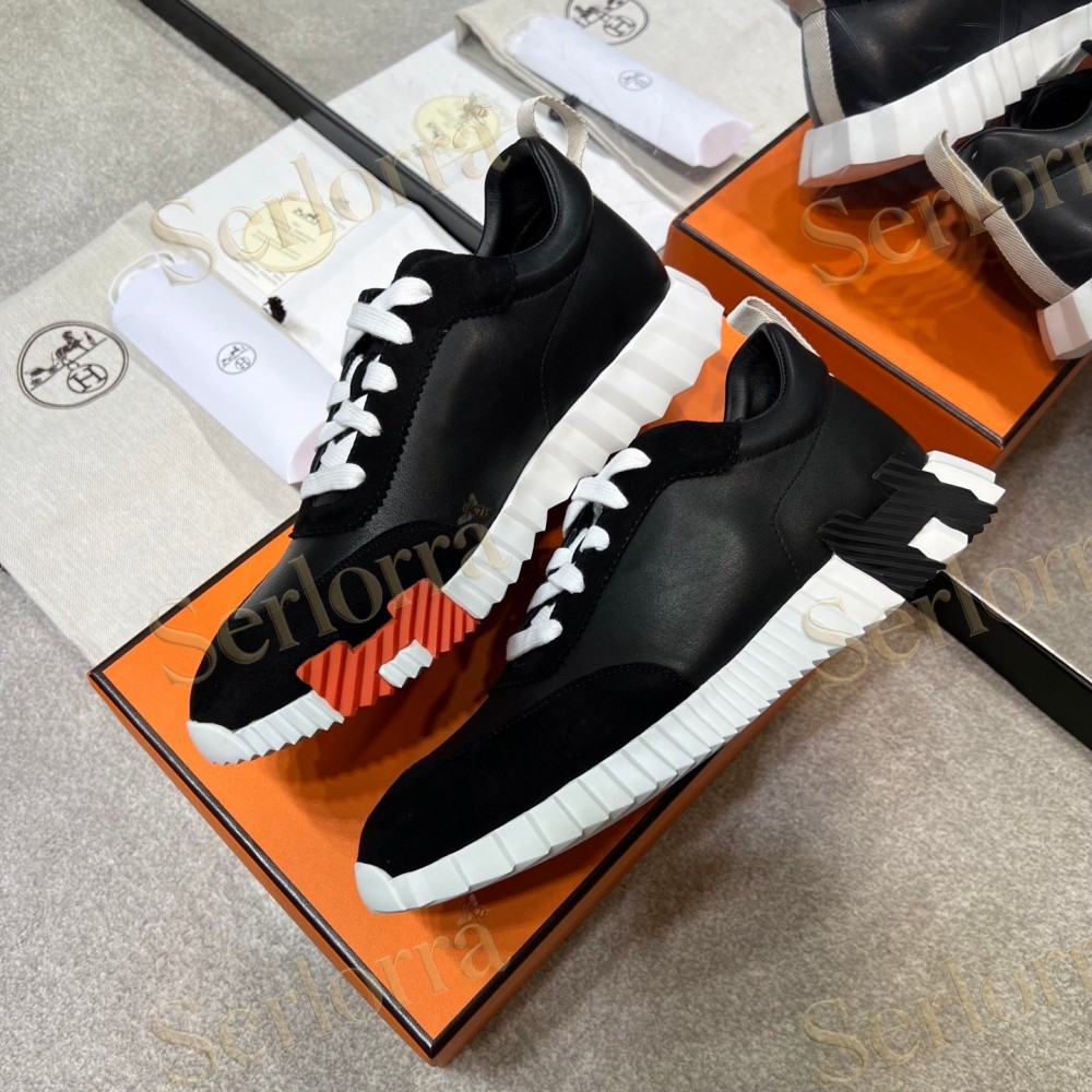 HERMÈS LIGHT SUEDE AND LEATHER JET LOW‑TOP SNEAKERS
