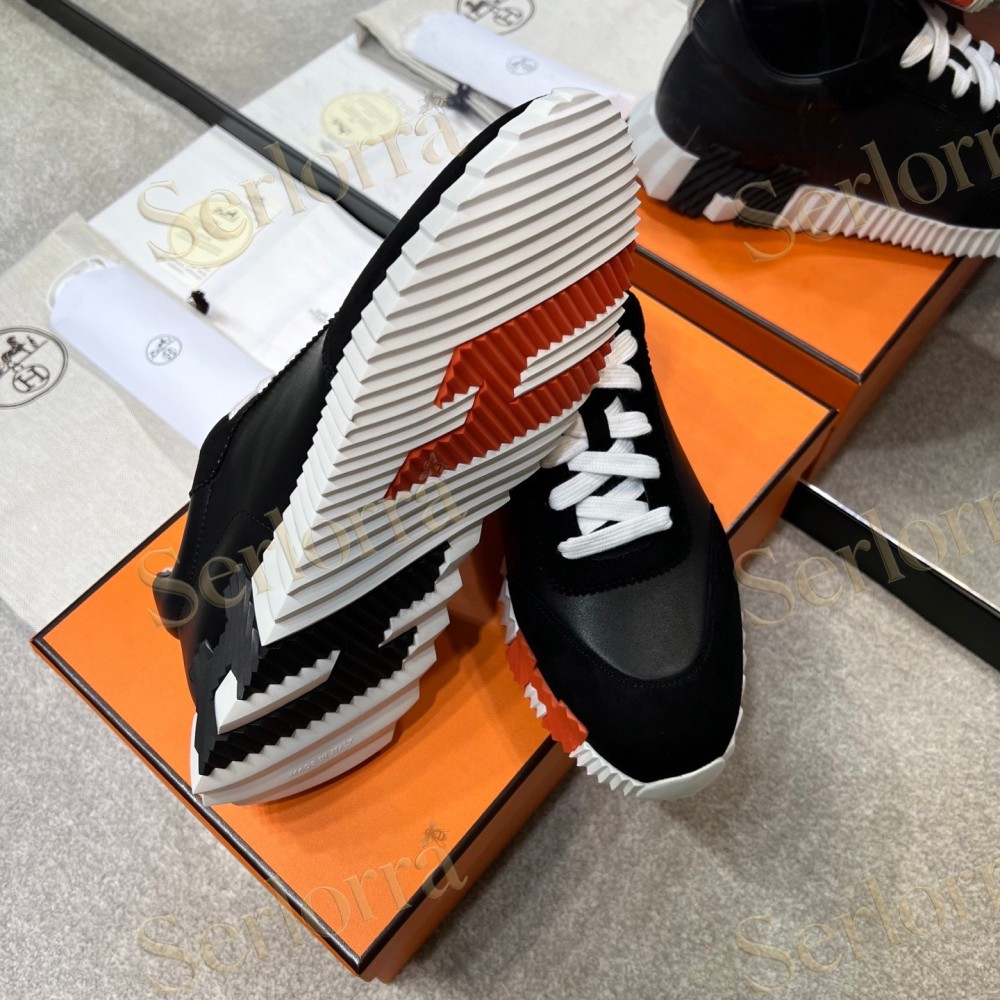 HERMÈS LIGHT SUEDE AND LEATHER JET LOW‑TOP SNEAKERS