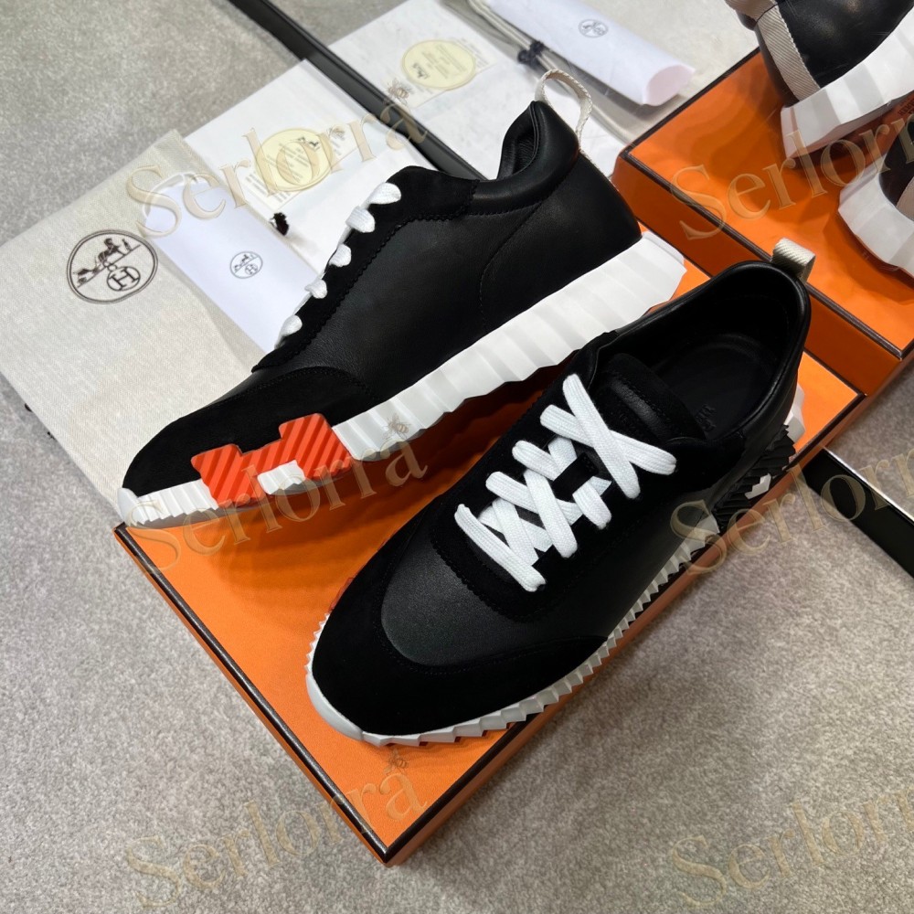 HERMÈS LIGHT SUEDE AND LEATHER JET LOW‑TOP SNEAKERS