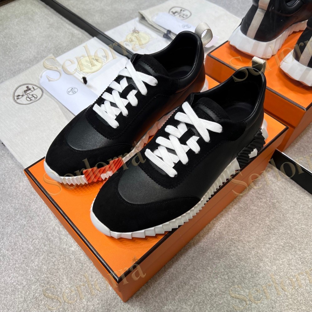 HERMÈS LIGHT SUEDE AND LEATHER JET LOW‑TOP SNEAKERS