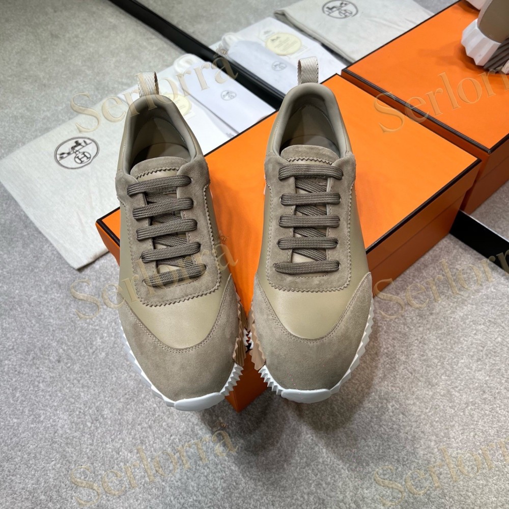 HERMÈS LIGHT SUEDE AND LEATHER JET LOW‑TOP SNEAKERS