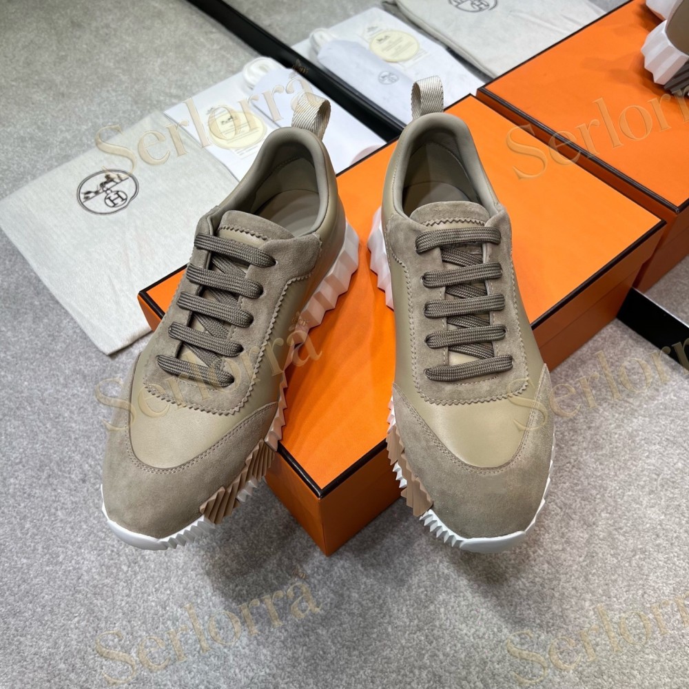HERMÈS LIGHT SUEDE AND LEATHER JET LOW‑TOP SNEAKERS