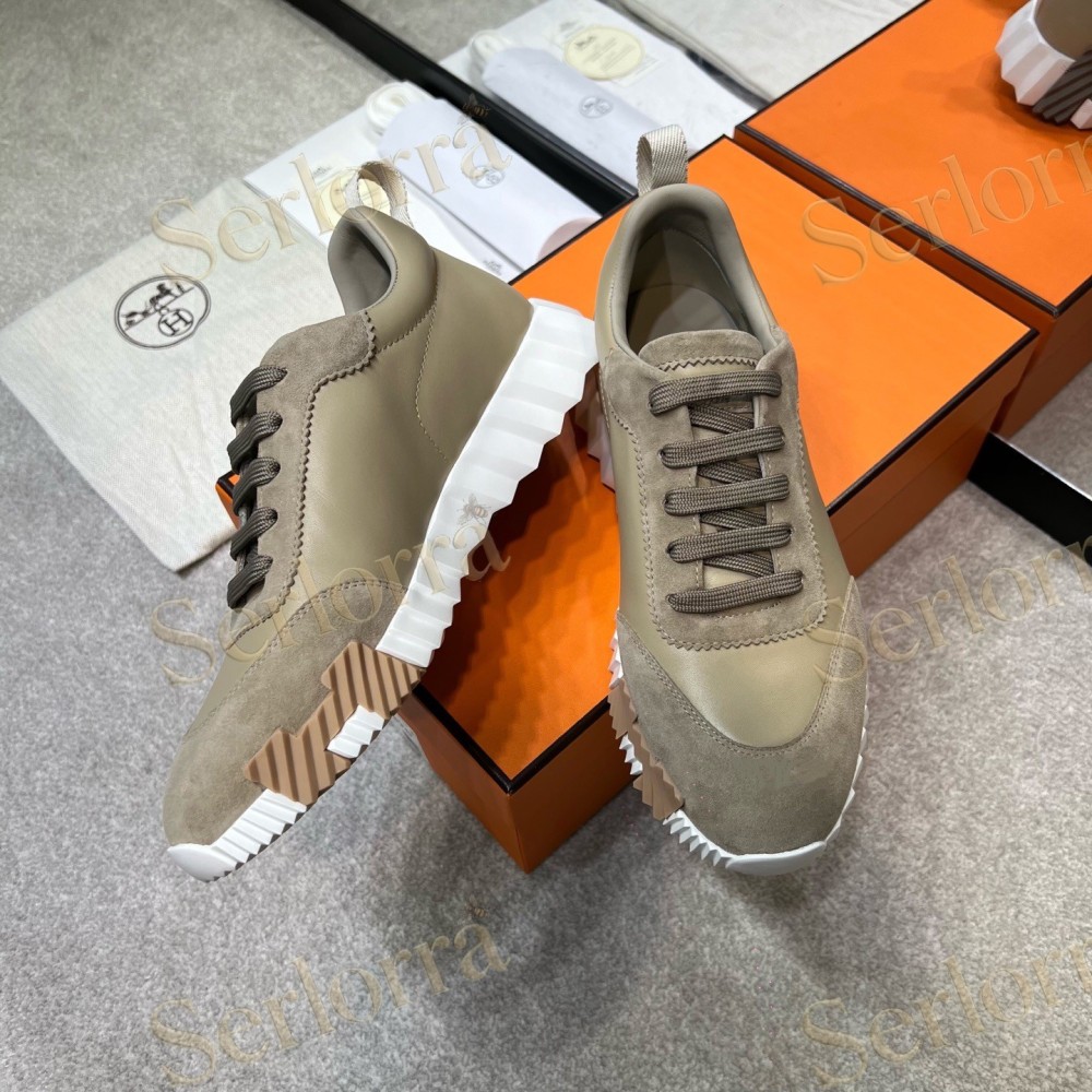 HERMÈS LIGHT SUEDE AND LEATHER JET LOW‑TOP SNEAKERS