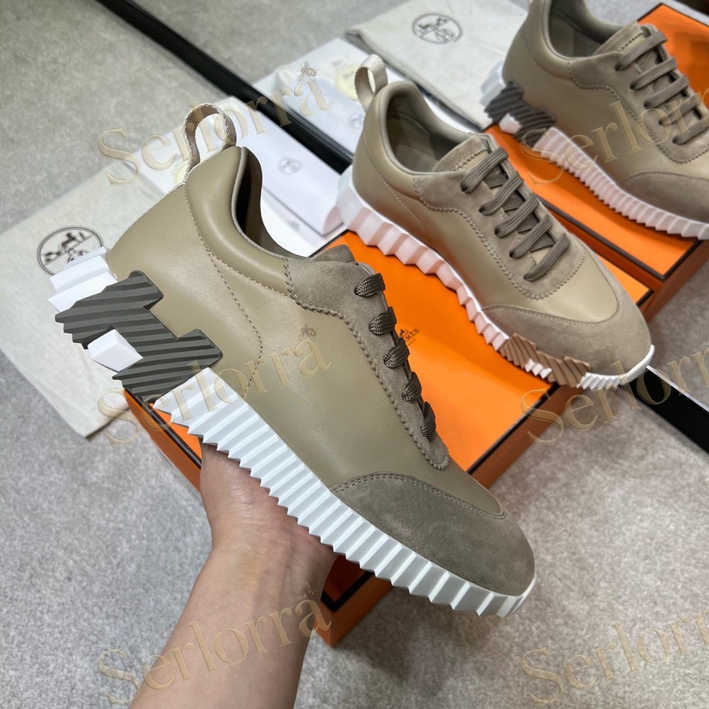 HERMÈS LIGHT SUEDE AND LEATHER JET LOW‑TOP SNEAKERS