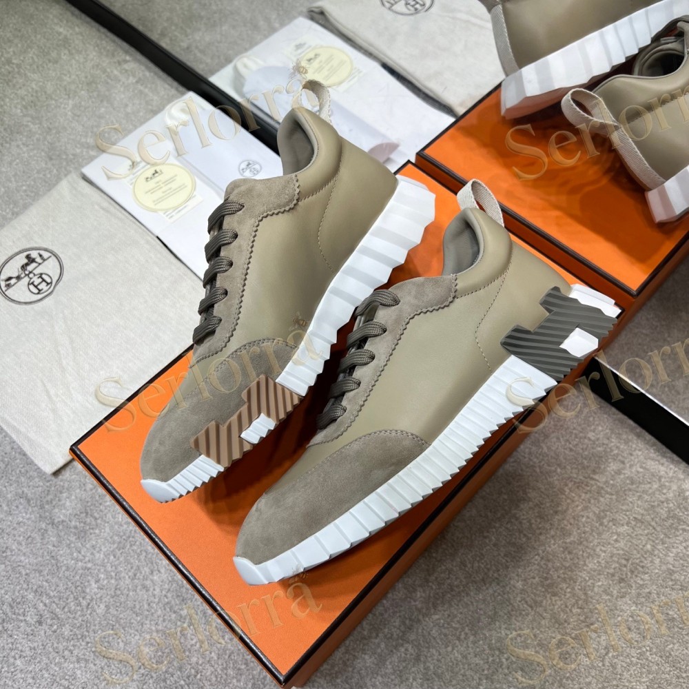 HERMÈS LIGHT SUEDE AND LEATHER JET LOW‑TOP SNEAKERS