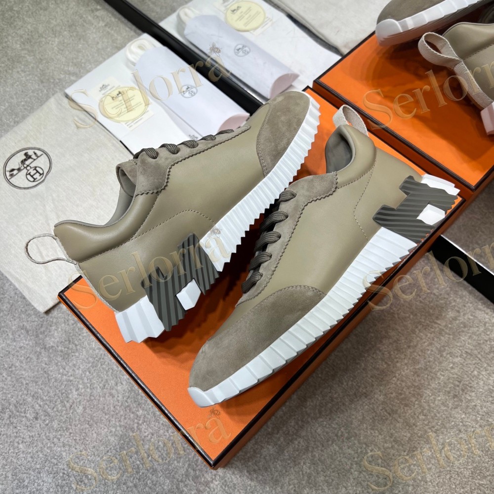 HERMÈS LIGHT SUEDE AND LEATHER JET LOW‑TOP SNEAKERS