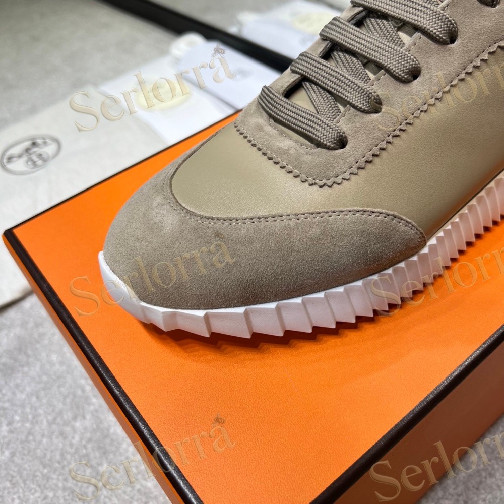 HERMÈS LIGHT SUEDE AND LEATHER JET LOW‑TOP SNEAKERS