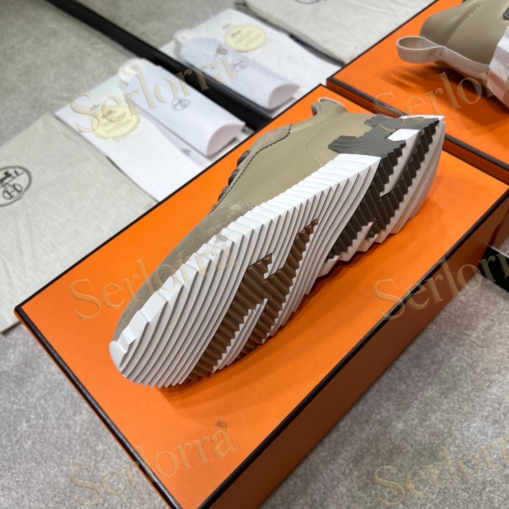 HERMÈS LIGHT SUEDE AND LEATHER JET LOW‑TOP SNEAKERS