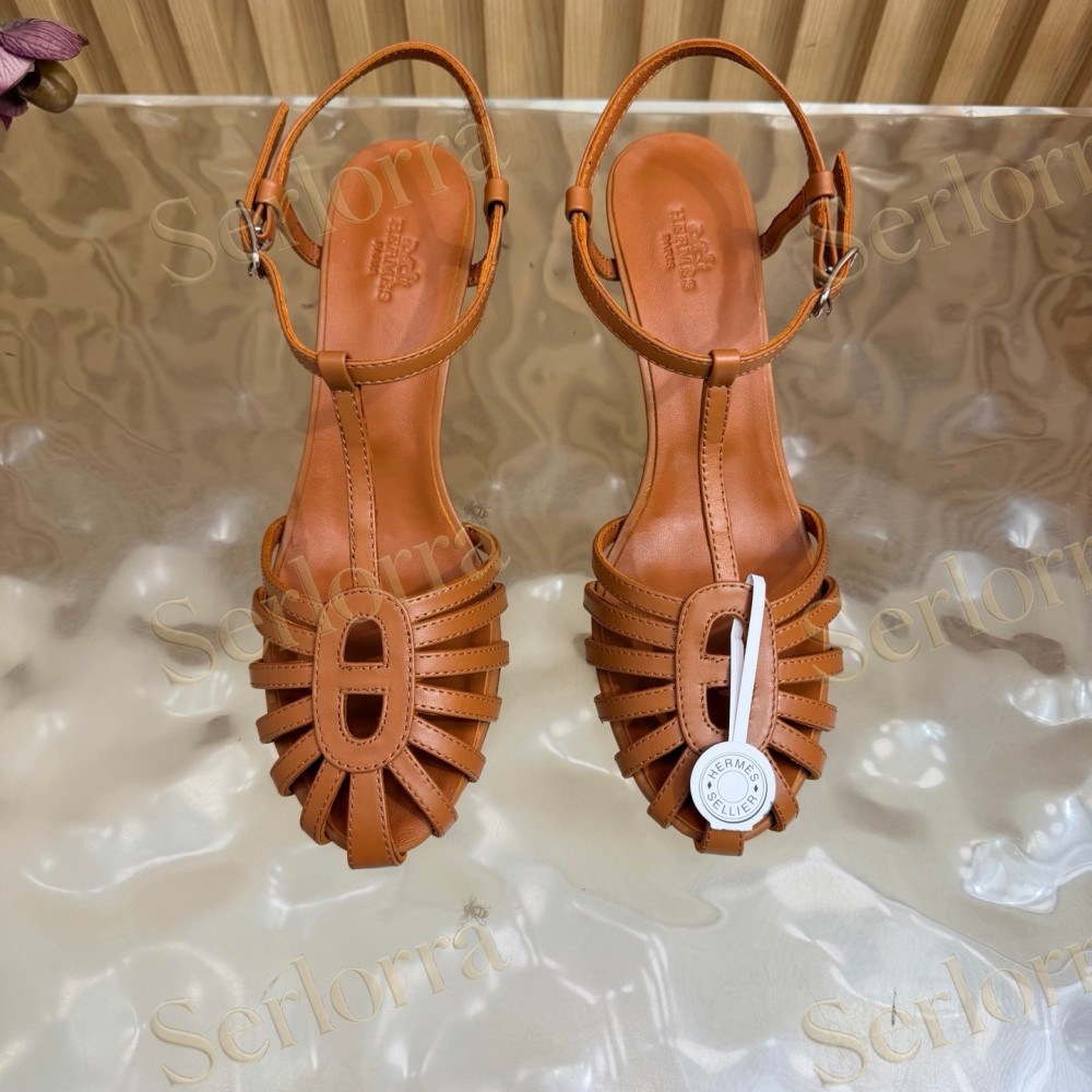 HERMÈS LEATHER CUTOUT WEDGE-HEEL ROMAN SANDALS