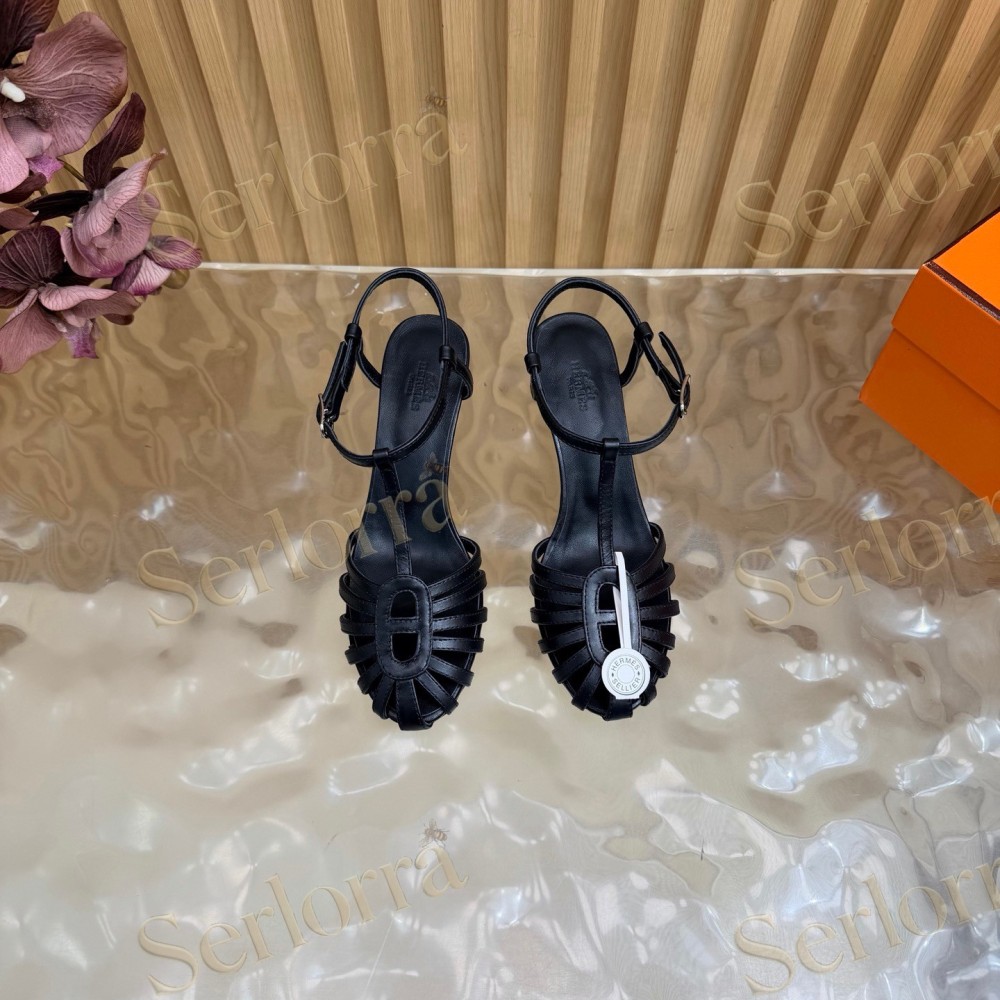 HERMÈS LEATHER CUTOUT WEDGE-HEEL ROMAN SANDALS