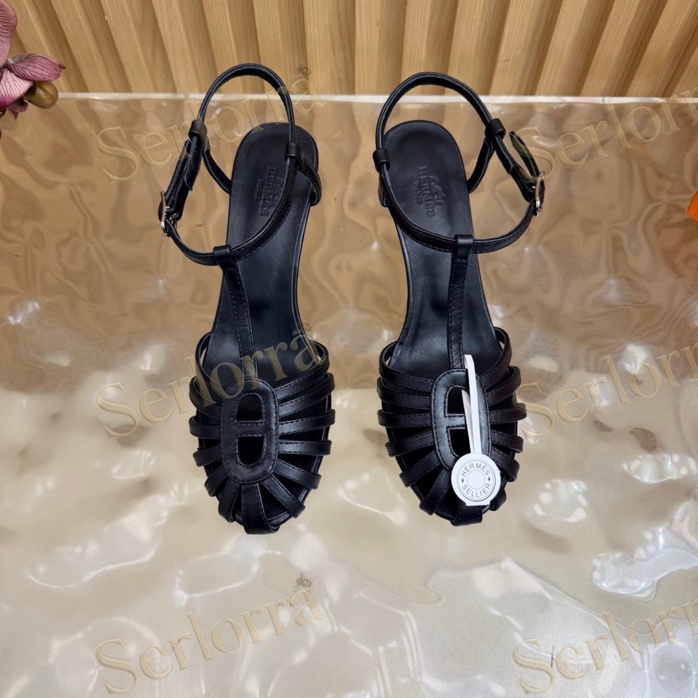 HERMÈS LEATHER CUTOUT WEDGE-HEEL ROMAN SANDALS