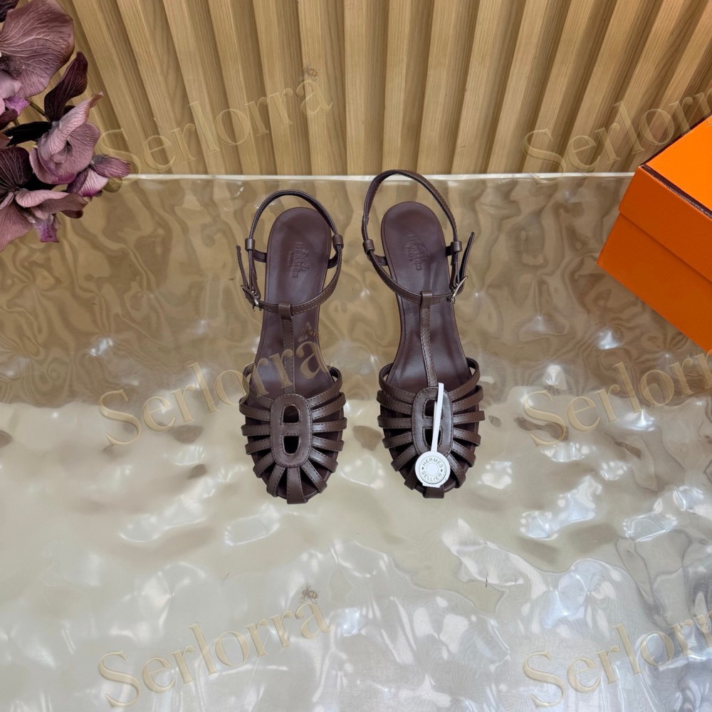 HERMÈS LEATHER CUTOUT WEDGE-HEEL ROMAN SANDALS