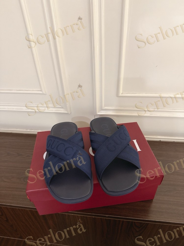GUCCI EMBROIDERED LOGO CROSS STRAP SLIDE SANDALS