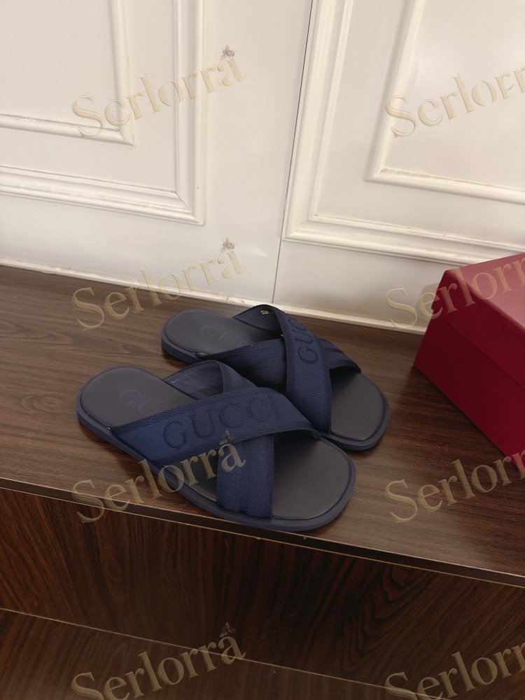 GUCCI EMBROIDERED LOGO CROSS STRAP SLIDE SANDALS