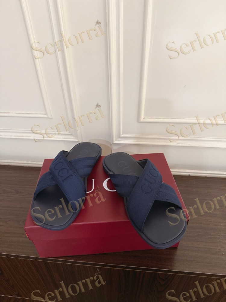 GUCCI EMBROIDERED LOGO CROSS STRAP SLIDE SANDALS