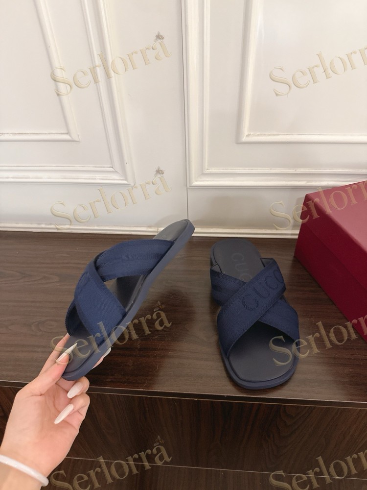 GUCCI EMBROIDERED LOGO CROSS STRAP SLIDE SANDALS