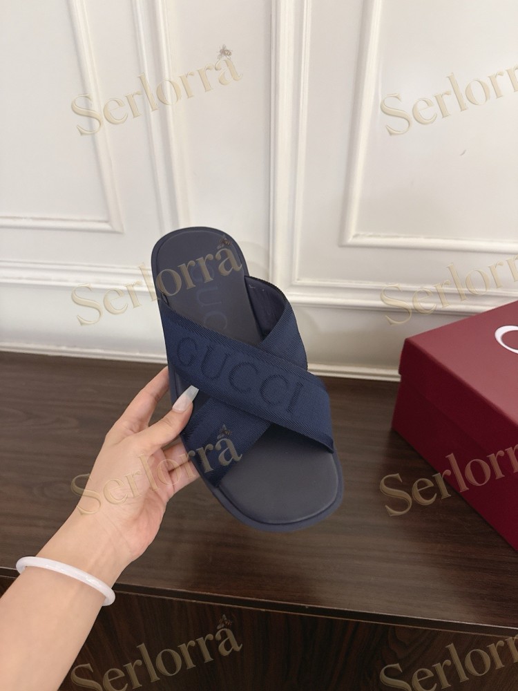 GUCCI EMBROIDERED LOGO CROSS STRAP SLIDE SANDALS