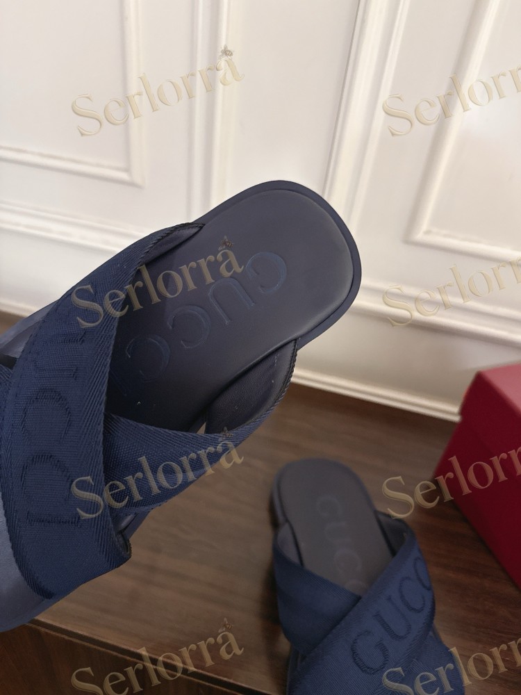 GUCCI EMBROIDERED LOGO CROSS STRAP SLIDE SANDALS