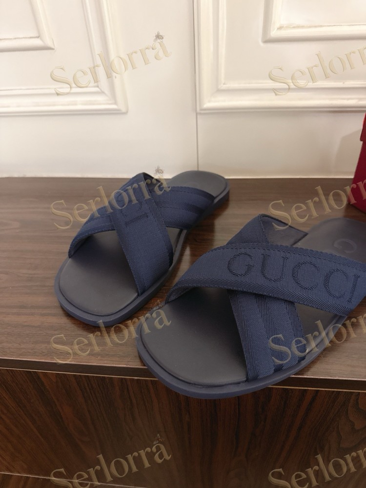 GUCCI EMBROIDERED LOGO CROSS STRAP SLIDE SANDALS