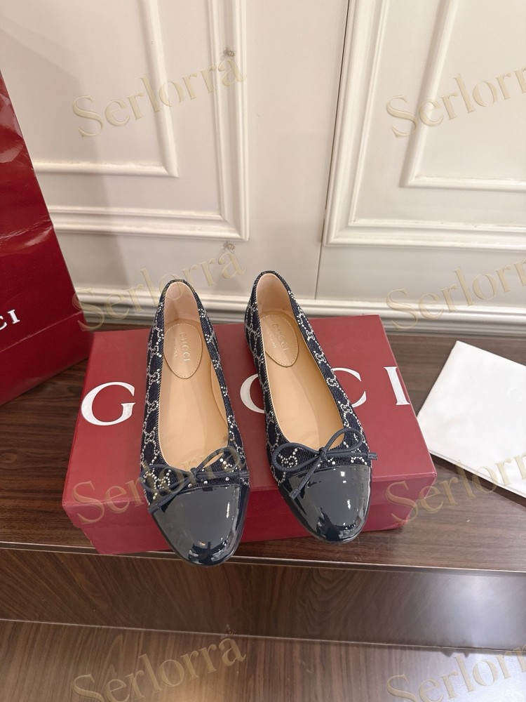 GUCCI GG CRYSTAL CANVAS BOW CAP TOE BALLET FLATS