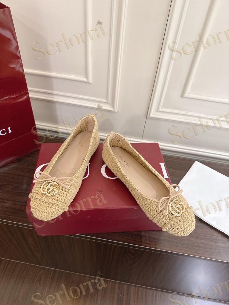 GUCCI GG CRYSTAL CANVAS BOW CAP TOE BALLET FLATS