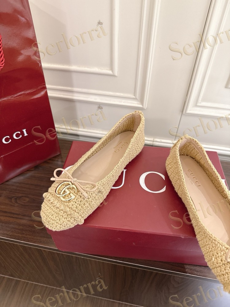 GUCCI GG CRYSTAL CANVAS BOW CAP TOE BALLET FLATS