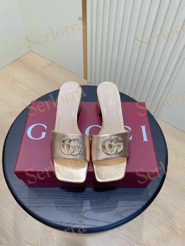 GUCCI CRYSTAL DOUBLE G METALLIC LEATHER BLOCK HEEL MULES