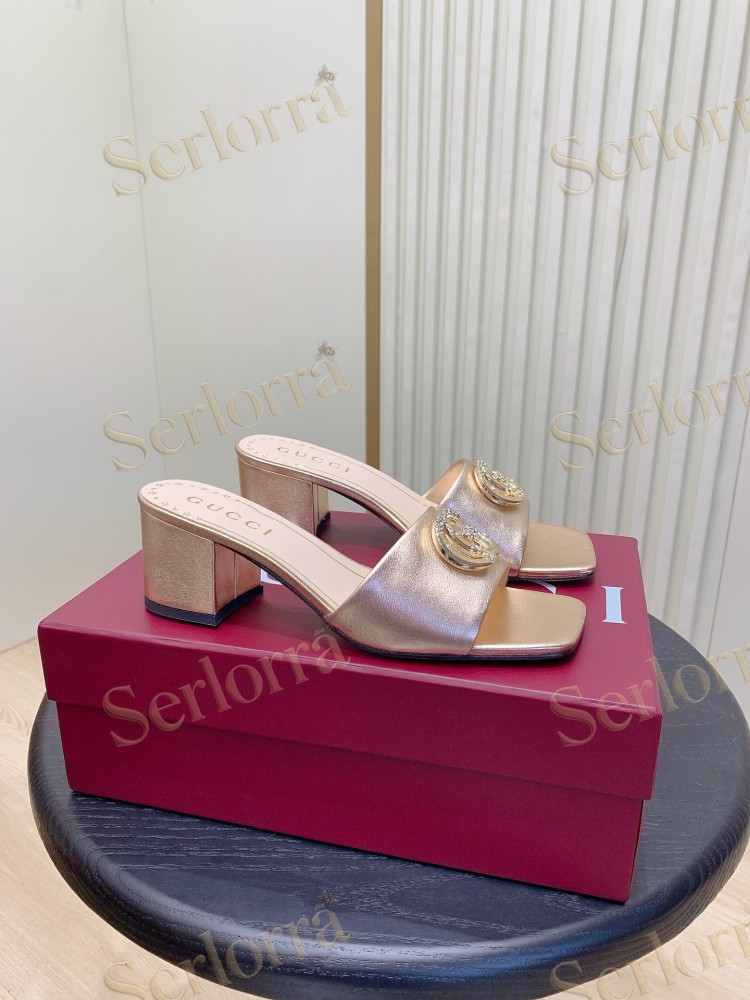 GUCCI CRYSTAL DOUBLE G METALLIC LEATHER BLOCK HEEL MULES