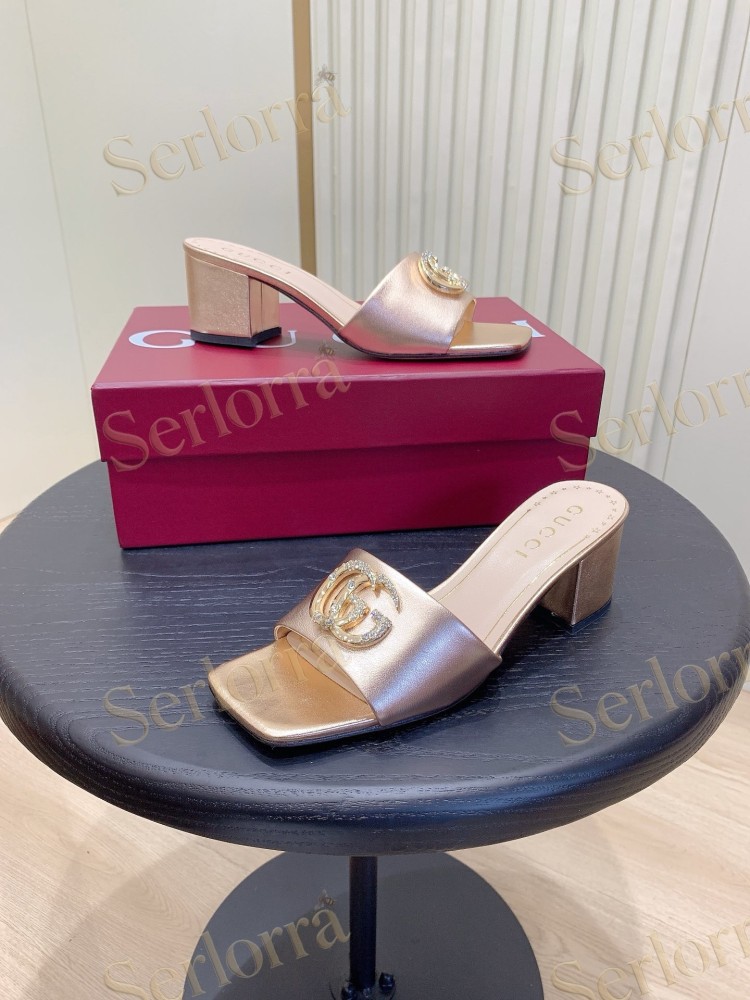 GUCCI CRYSTAL DOUBLE G METALLIC LEATHER BLOCK HEEL MULES