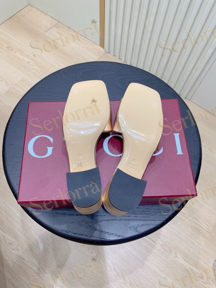 GUCCI CRYSTAL DOUBLE G METALLIC LEATHER BLOCK HEEL MULES