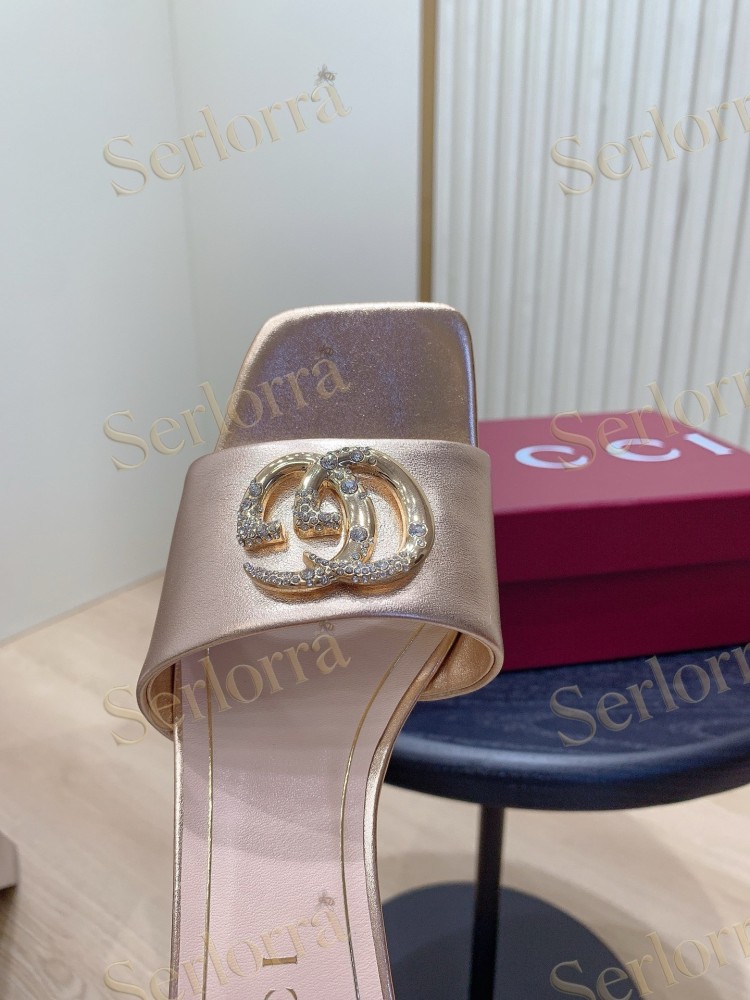 GUCCI CRYSTAL DOUBLE G METALLIC LEATHER BLOCK HEEL MULES