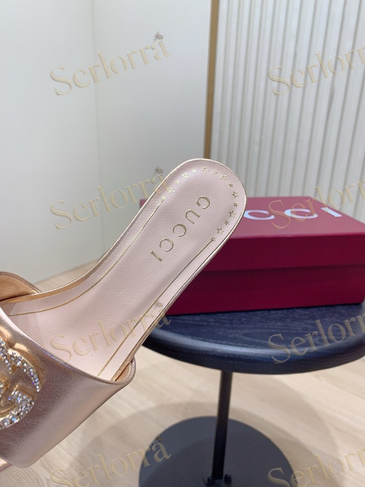 GUCCI CRYSTAL DOUBLE G METALLIC LEATHER BLOCK HEEL MULES