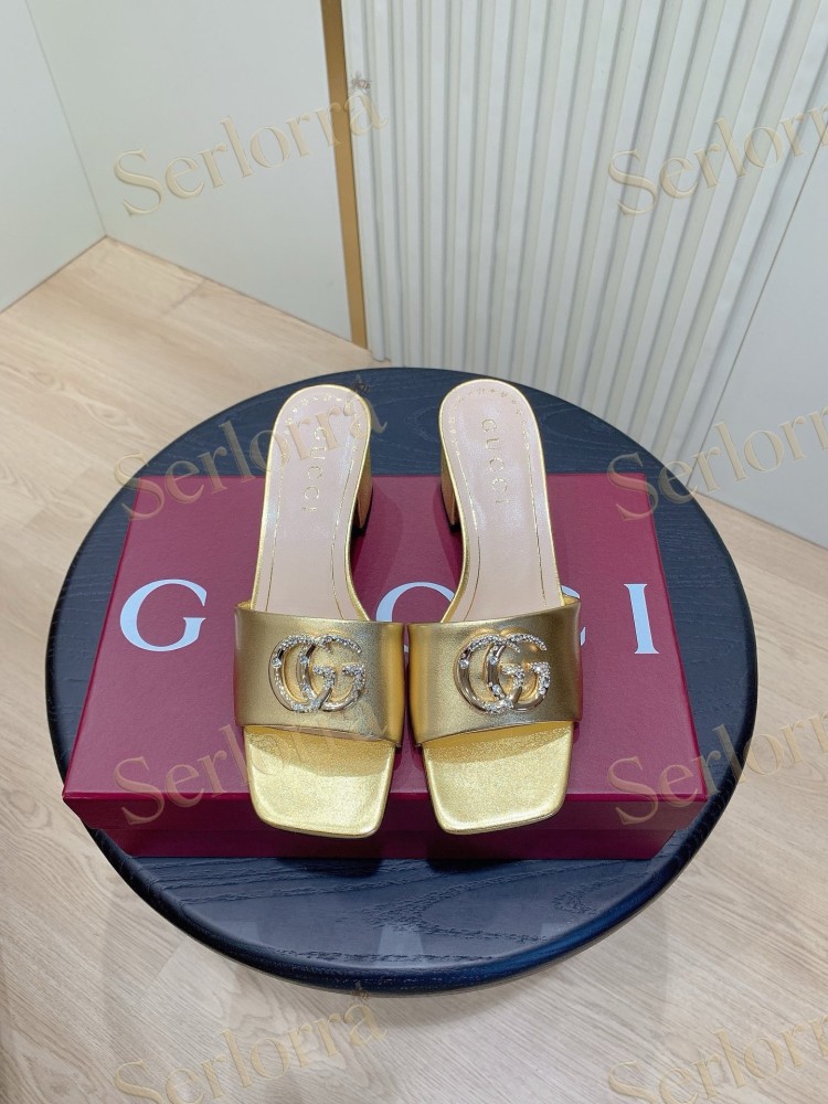 GUCCI CRYSTAL DOUBLE G METALLIC LEATHER BLOCK HEEL MULES