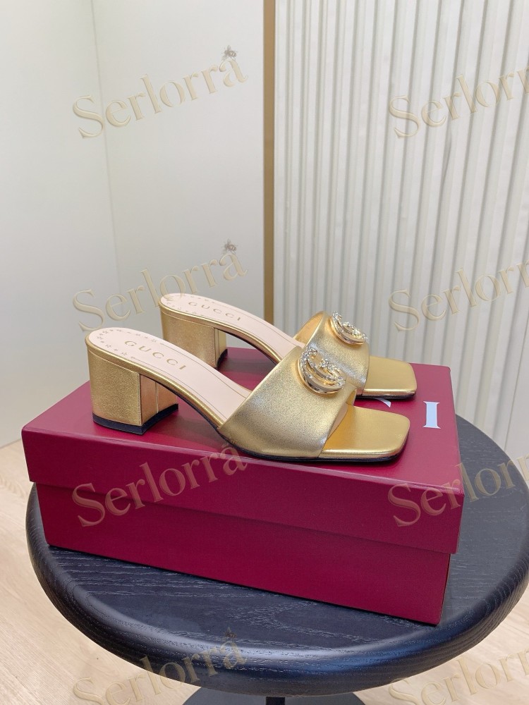 GUCCI CRYSTAL DOUBLE G METALLIC LEATHER BLOCK HEEL MULES