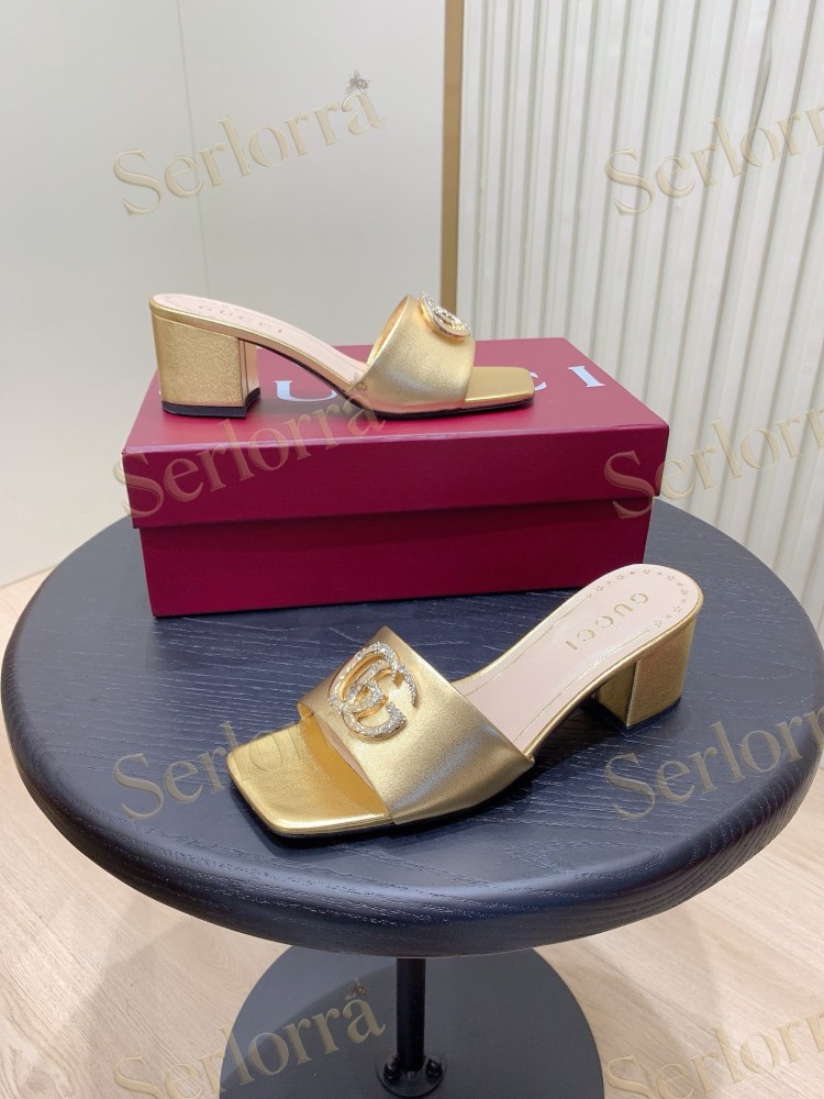 GUCCI CRYSTAL DOUBLE G METALLIC LEATHER BLOCK HEEL MULES