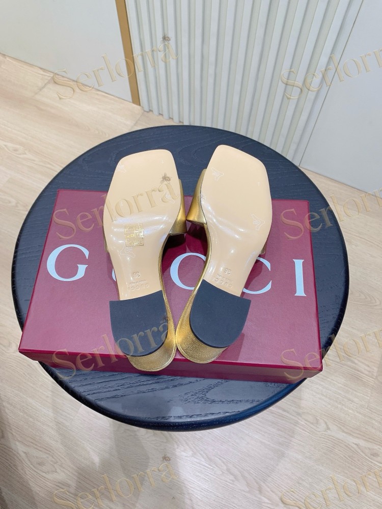 GUCCI CRYSTAL DOUBLE G METALLIC LEATHER BLOCK HEEL MULES