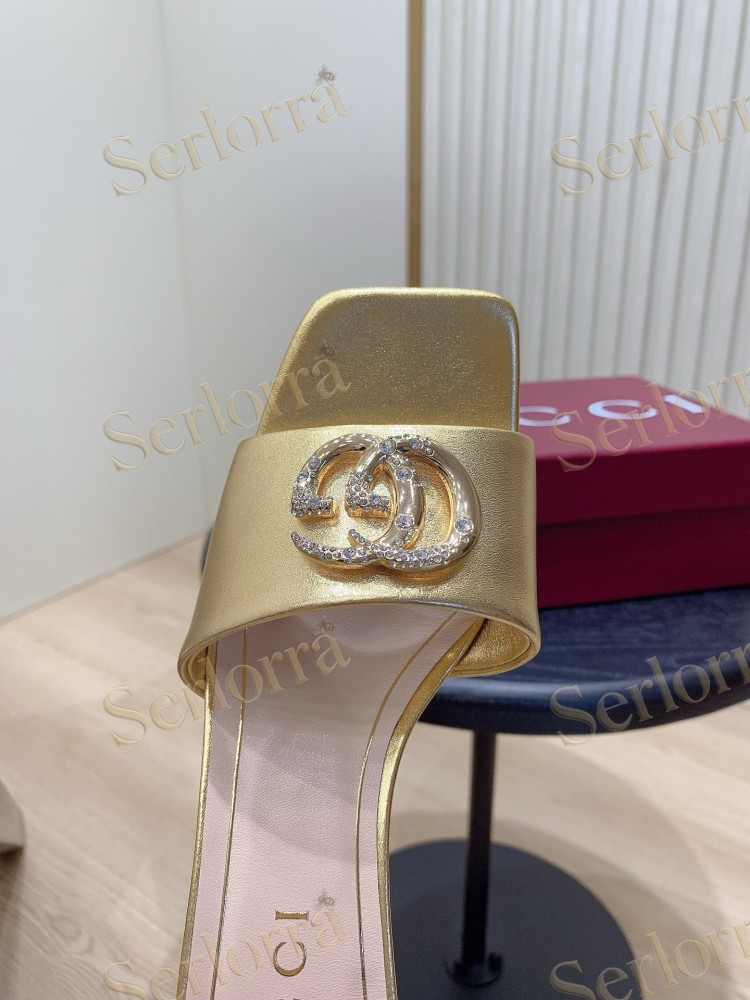 GUCCI CRYSTAL DOUBLE G METALLIC LEATHER BLOCK HEEL MULES