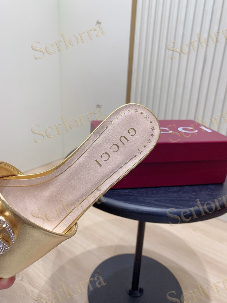 GUCCI CRYSTAL DOUBLE G METALLIC LEATHER BLOCK HEEL MULES