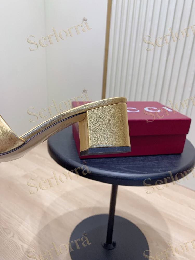 GUCCI CRYSTAL DOUBLE G METALLIC LEATHER BLOCK HEEL MULES