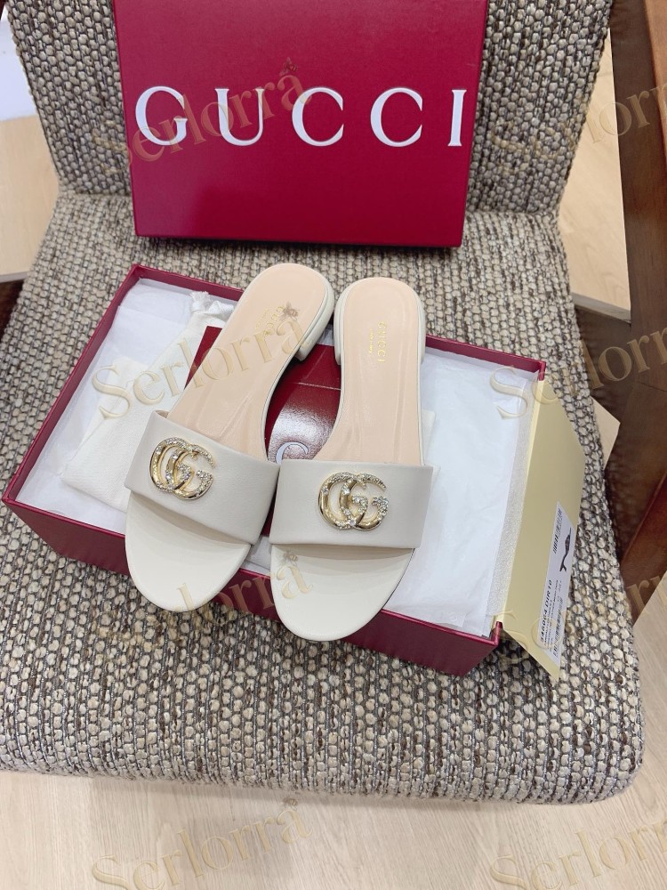 GUCCI CRYSTAL DOUBLE G METALLIC LEATHER BLOCK HEEL MULES