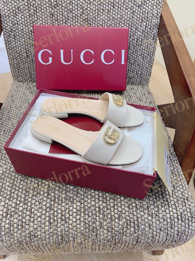 GUCCI CRYSTAL DOUBLE G METALLIC LEATHER BLOCK HEEL MULES