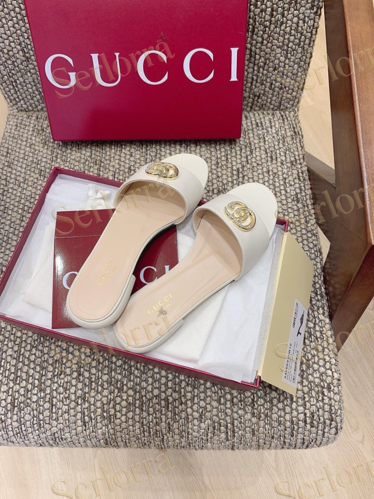 GUCCI CRYSTAL DOUBLE G METALLIC LEATHER BLOCK HEEL MULES