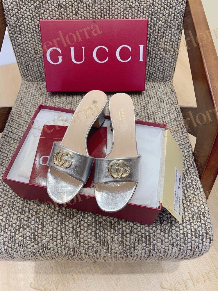 GUCCI CRYSTAL DOUBLE G METALLIC LEATHER BLOCK HEEL MULES