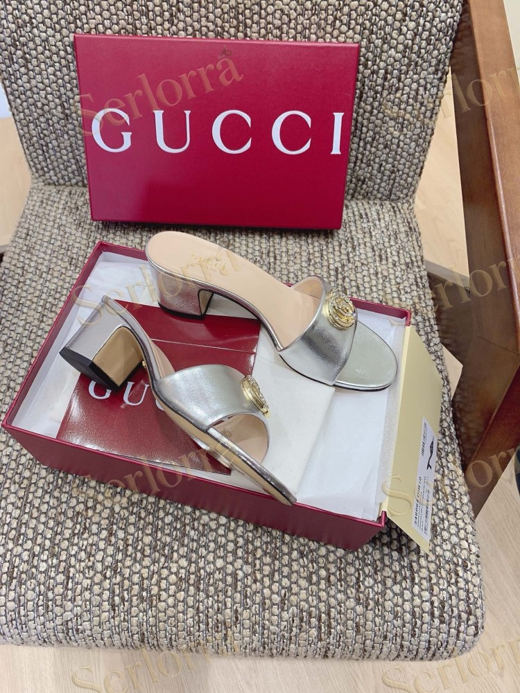 GUCCI CRYSTAL DOUBLE G METALLIC LEATHER BLOCK HEEL MULES