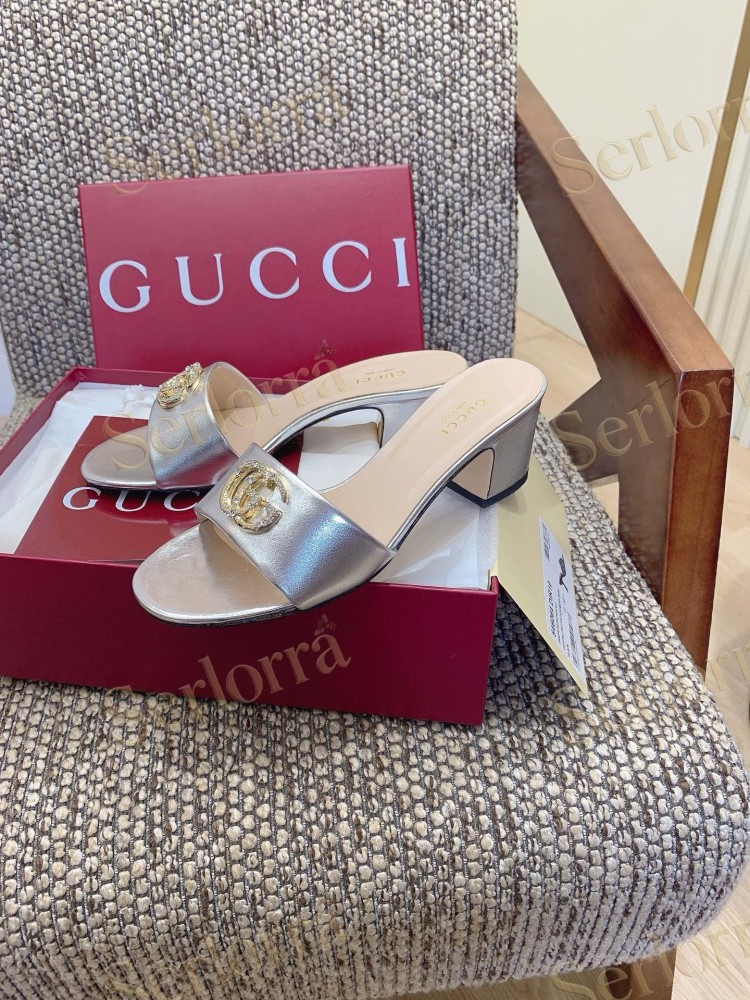 GUCCI CRYSTAL DOUBLE G METALLIC LEATHER BLOCK HEEL MULES