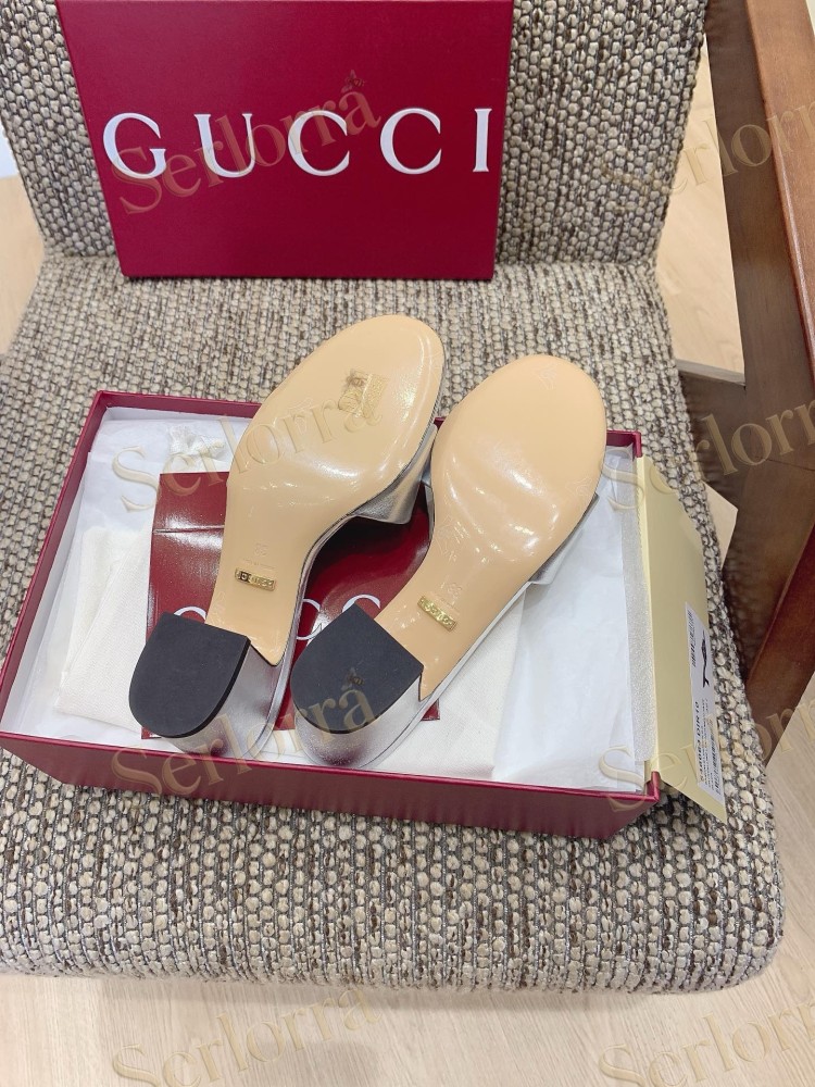 GUCCI CRYSTAL DOUBLE G METALLIC LEATHER BLOCK HEEL MULES