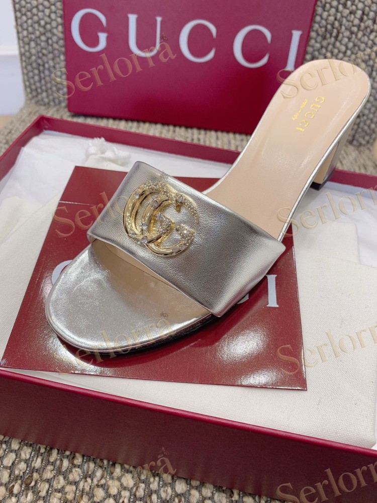 GUCCI CRYSTAL DOUBLE G METALLIC LEATHER BLOCK HEEL MULES