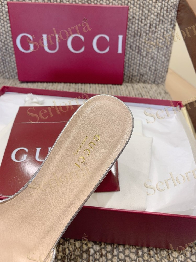 GUCCI CRYSTAL DOUBLE G METALLIC LEATHER BLOCK HEEL MULES