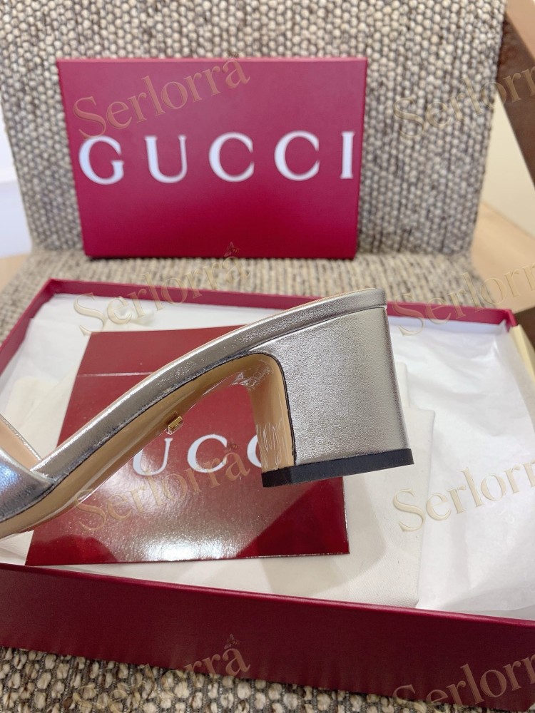 GUCCI CRYSTAL DOUBLE G METALLIC LEATHER BLOCK HEEL MULES