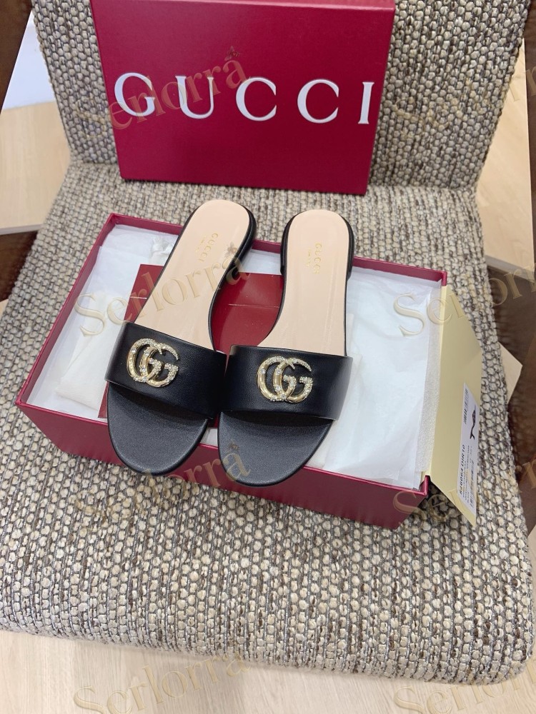 GUCCI CRYSTAL DOUBLE G METALLIC LEATHER BLOCK HEEL MULES